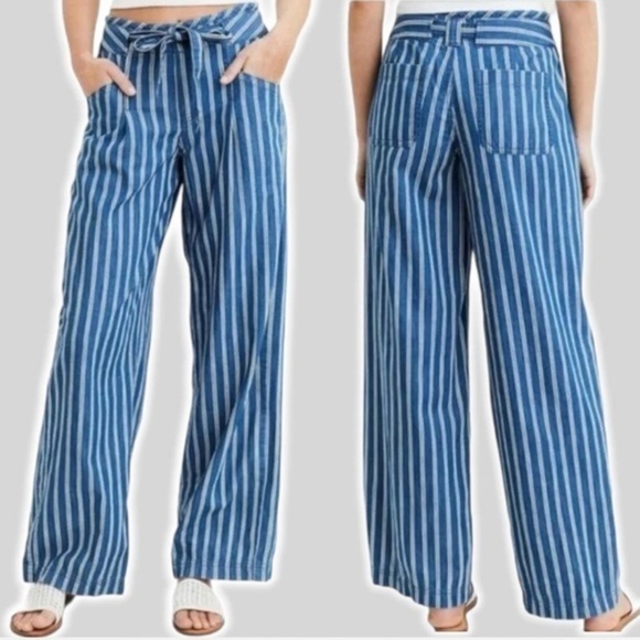 American Eagle Wide Leg Striped Pants with Elastic Tie Waist Size 2 - Picture 1 of 9